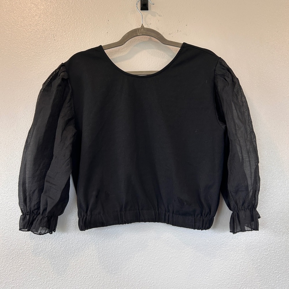 PRMA Womens XL Black Sheer Puff Sleeve Crop Top Scoop Neck Elastic Hem RN125230